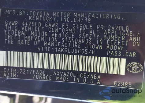 2020 Toyota Camry Le из США, поврежденный, VIN 4T1C11AK6LU865578